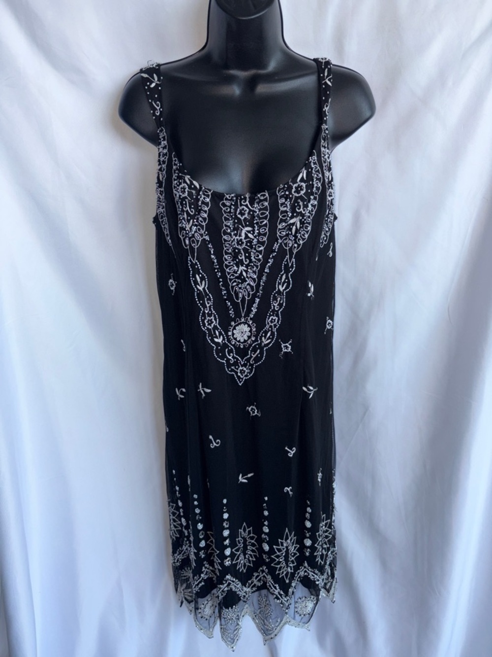 Vintage 90s Y2K Marina Black Silk Slip Dress Beaded Floral Sz 12, 20” PTP, 41”L